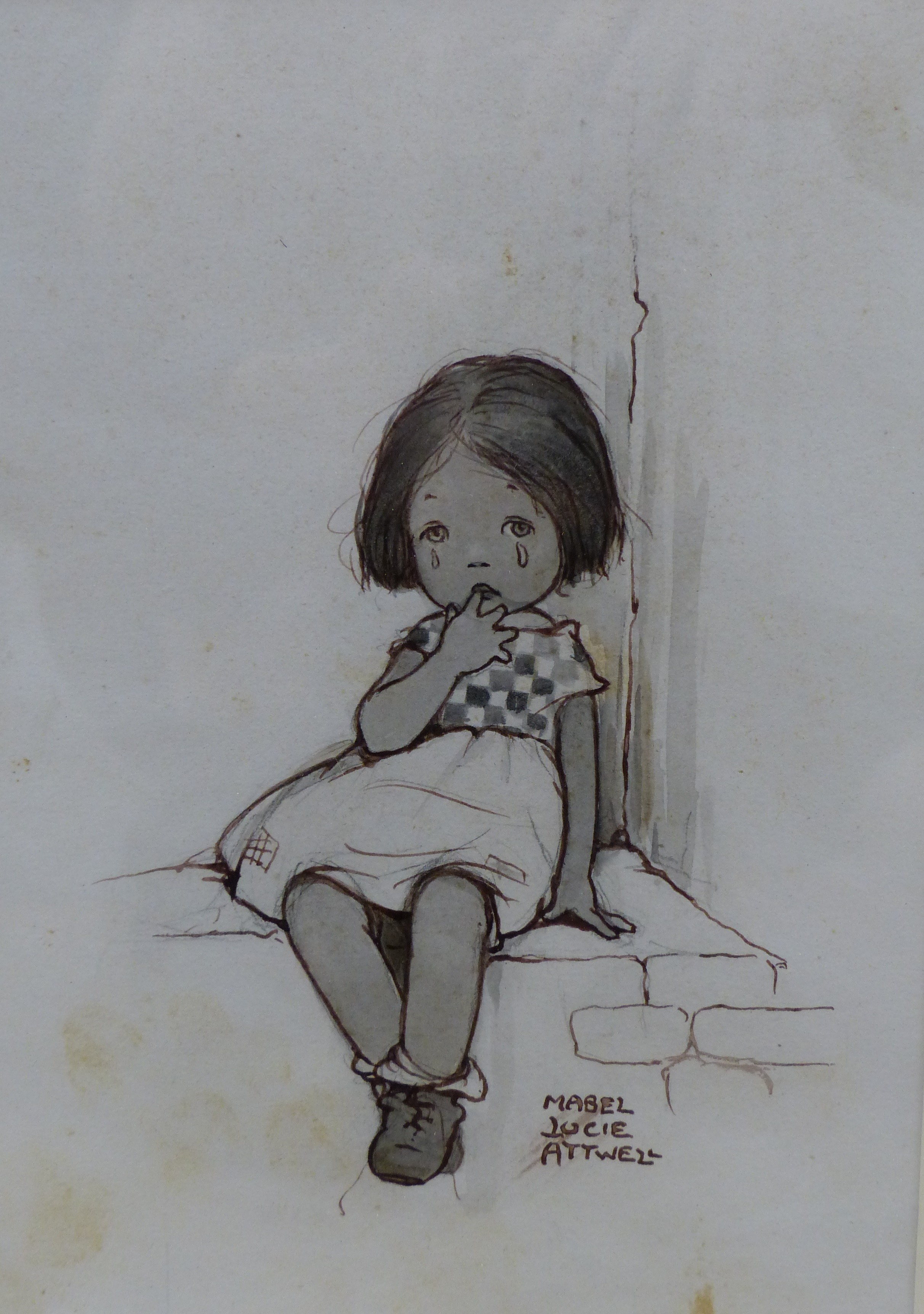 Mabel Lucie Attwell (1879-1964), ink and monochrome watercolour, Weeping child, signed, Chris Beetles label verso, 21 x 15cm